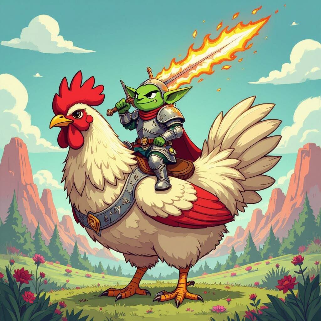 a lone goblin wearing plate mail and wielding a flaming sword atop a giant chicken ( Adventure time art style )