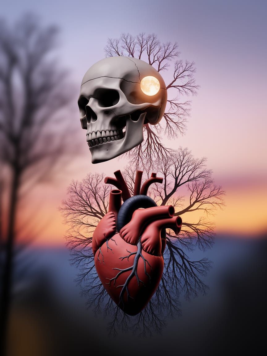 Skeleton, Heart, and Forest Moon Digital Art