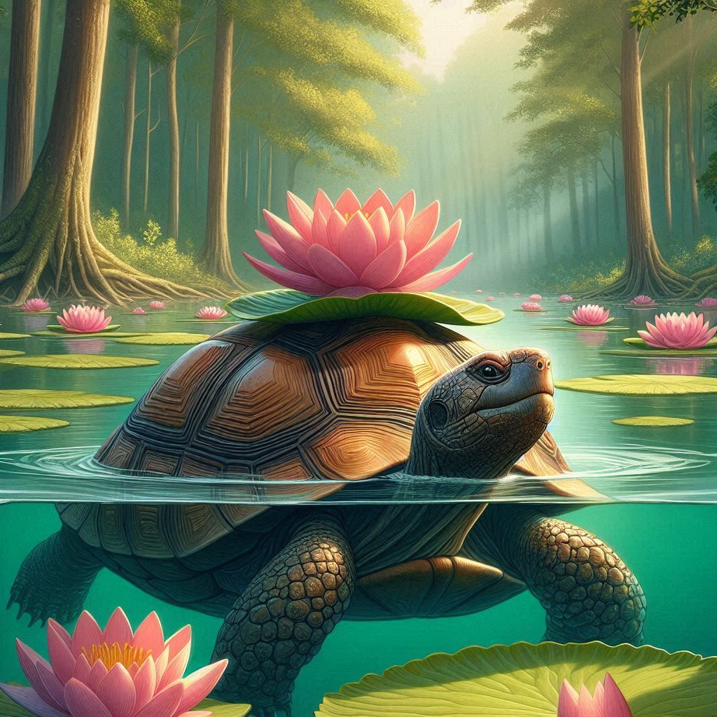 Lotus on back of swimming tortoise on lily lotus lake
