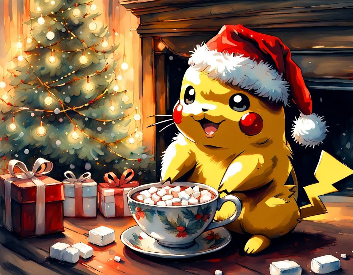 Cute and fluffy adorable Pikachu wearing a Santa hat, drinking hot