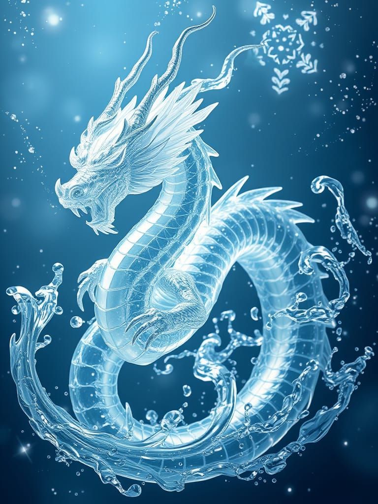 A translucent majestic dragon, made entirely of clear, flowing water.  by @AmadaTakako773