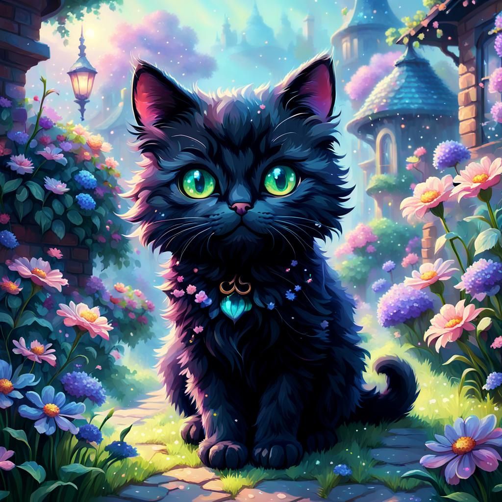 pixel art, pretty black cat, adorable, big eyes, magical and...