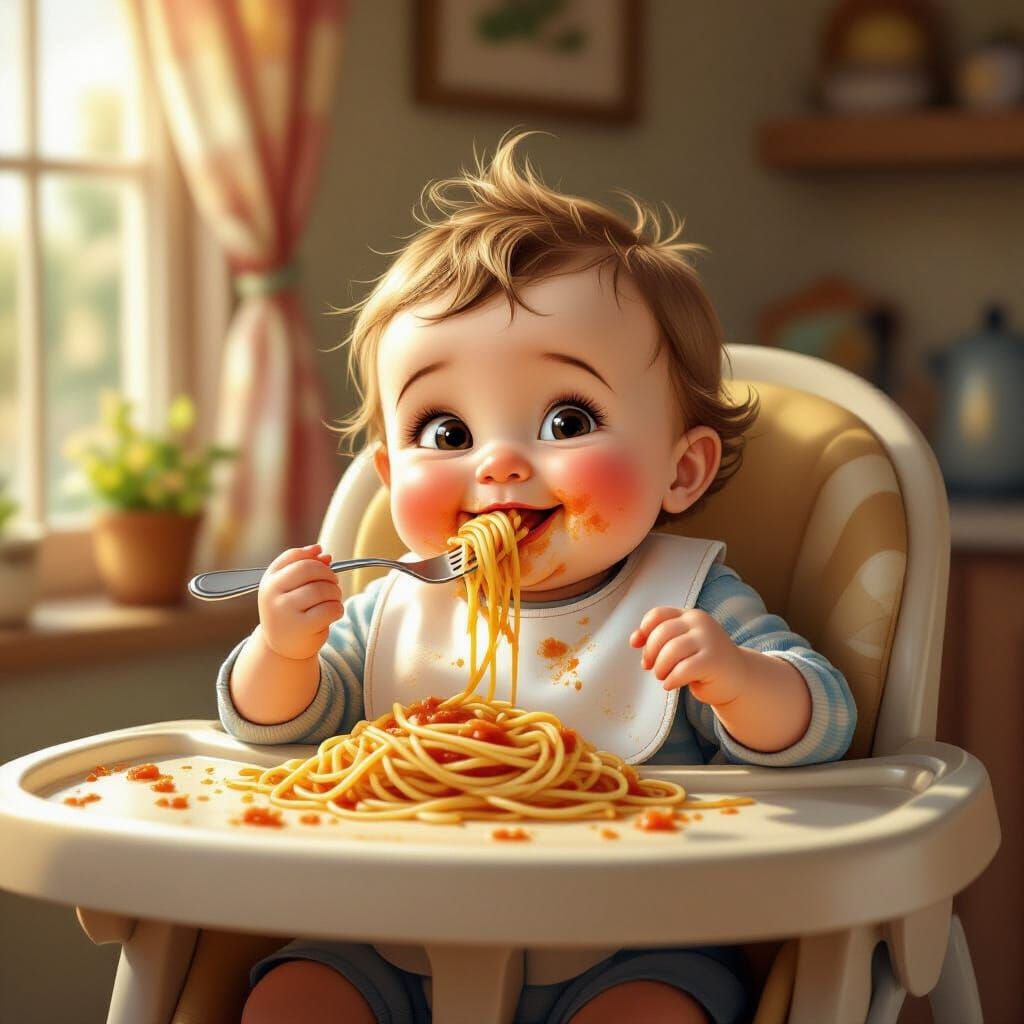 Baby Eating Spaghetti in Storybook Style