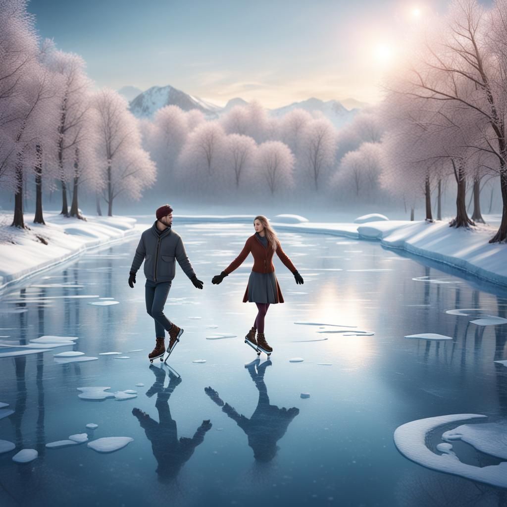 beautiful couple Ice skating on a frozen pond, in a serene w...