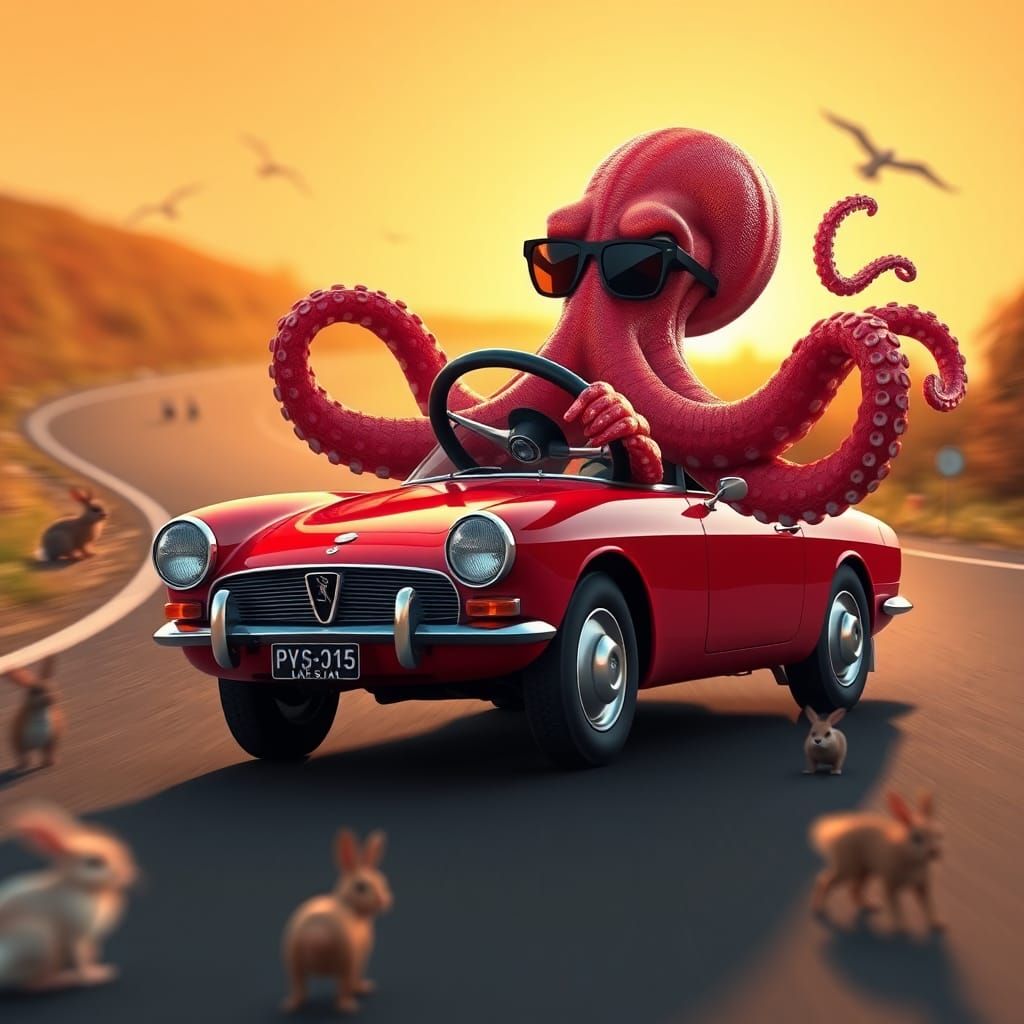 An octopus is driving a 1969 red Lancia Fulvia at high speed, each tentacle is on a control of the car ...  by @aNa