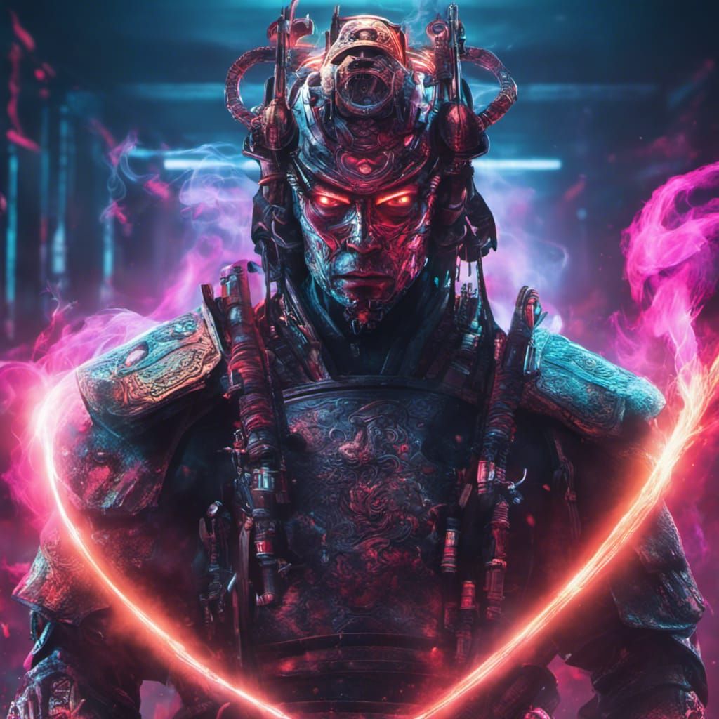 cyborg samurai with smoke swirling around him, cyberpunk sty...