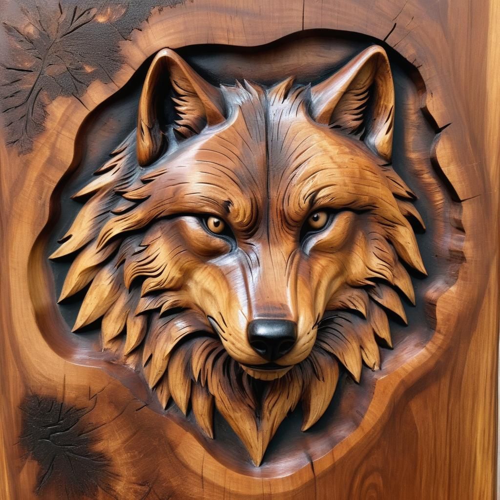 wolf carved and burnt into a slab of mahogany wood  by @Wildstorm