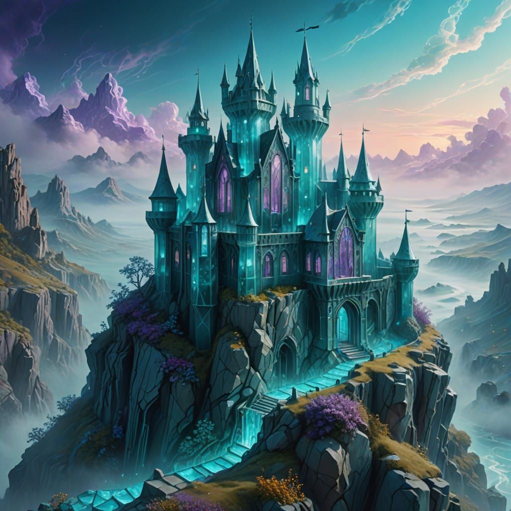 Ancient Glass Castle on Cliff in Ethereal Light
