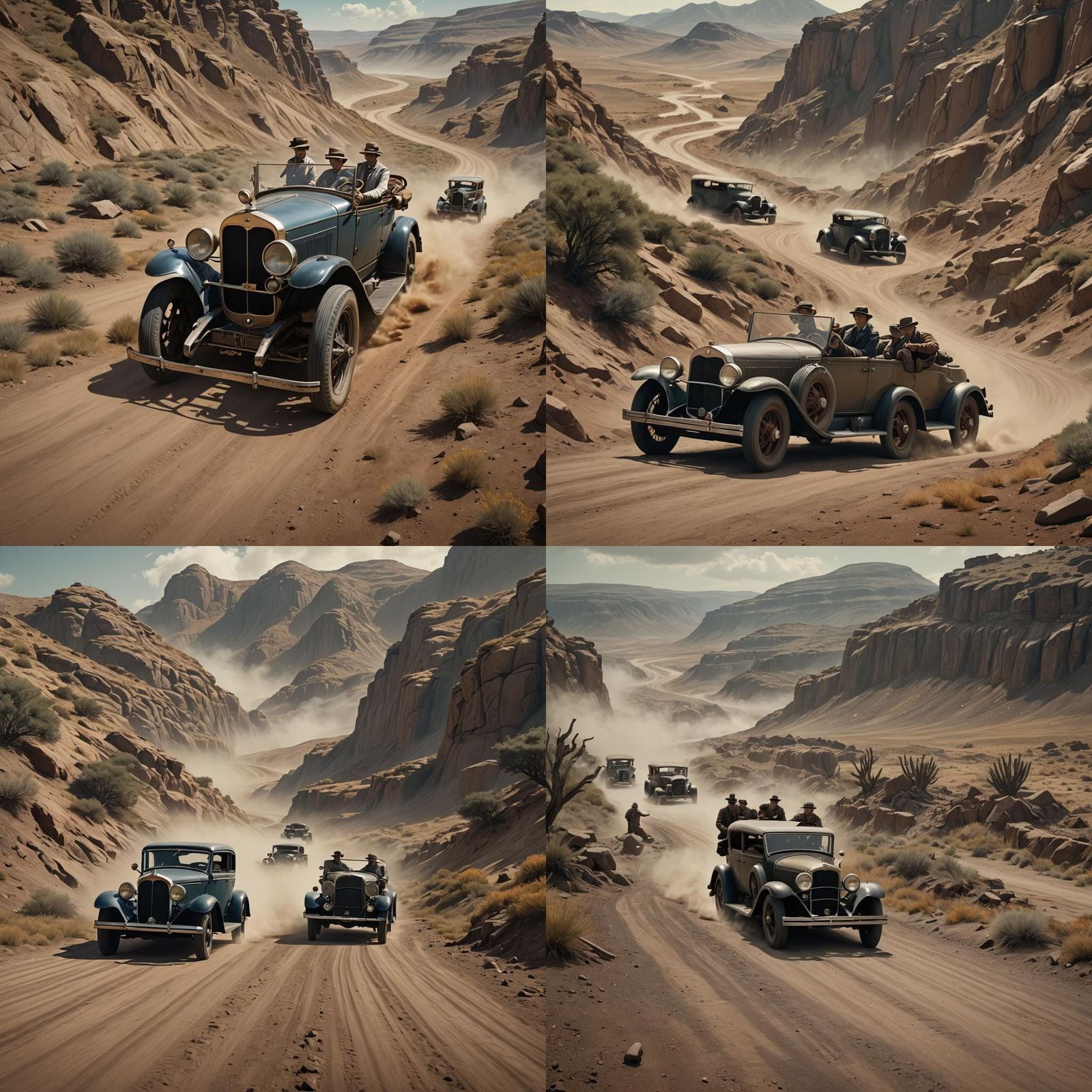 1930's “westward ho!"  muted colour 3 men in a car and 1 man...