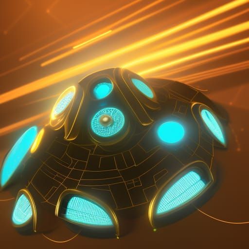 Ufos Flying Retro Futuristic Style Gold And Teal Intricate Mech