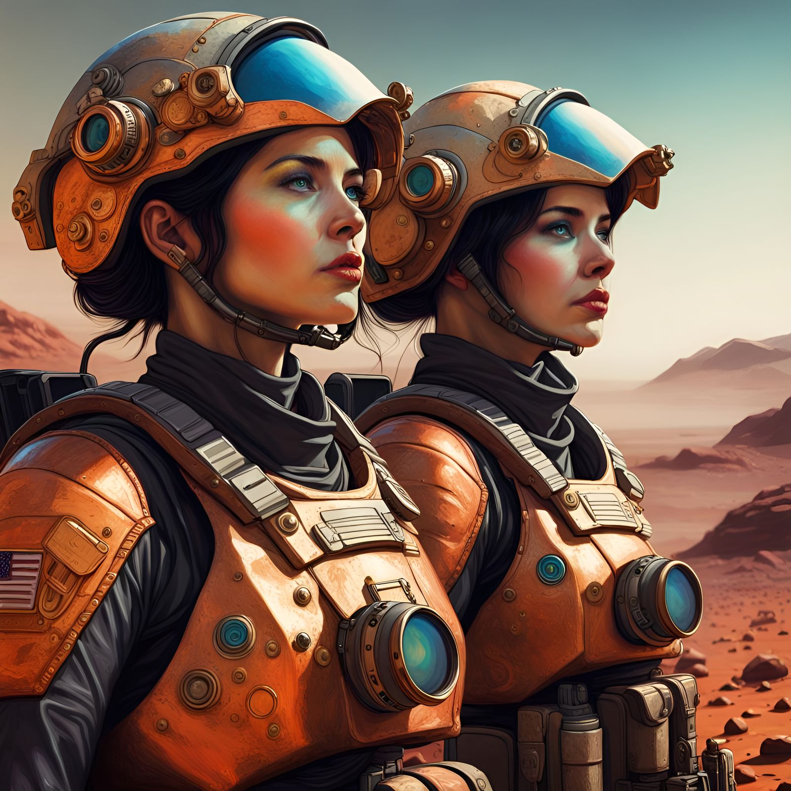 Two beautiful female commandos, in the far future, on Mars, ...