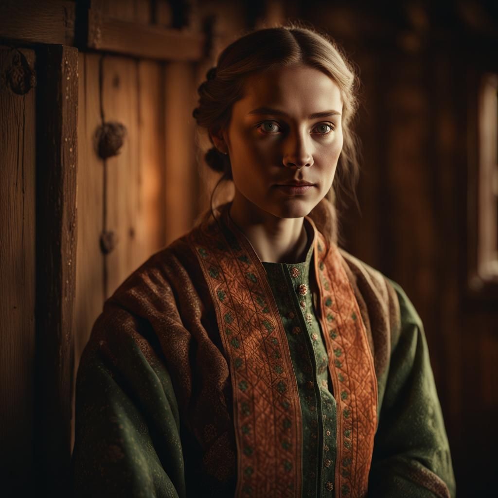 A portrait of a young woman in traditional Scandinavian atti...
