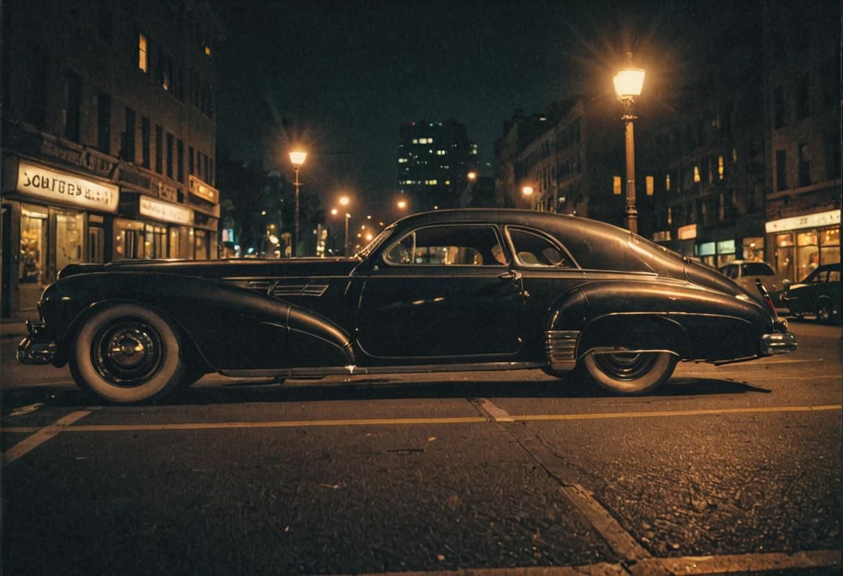 A 1949 car in the city at night, my draw
