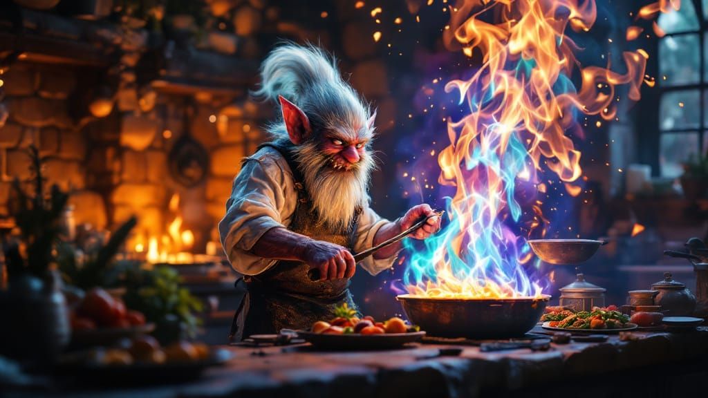 photo realistic, 8k resolution, a masterpiece, surreal, a troll chef uses magical fire  to create a feast in his kitchen. 