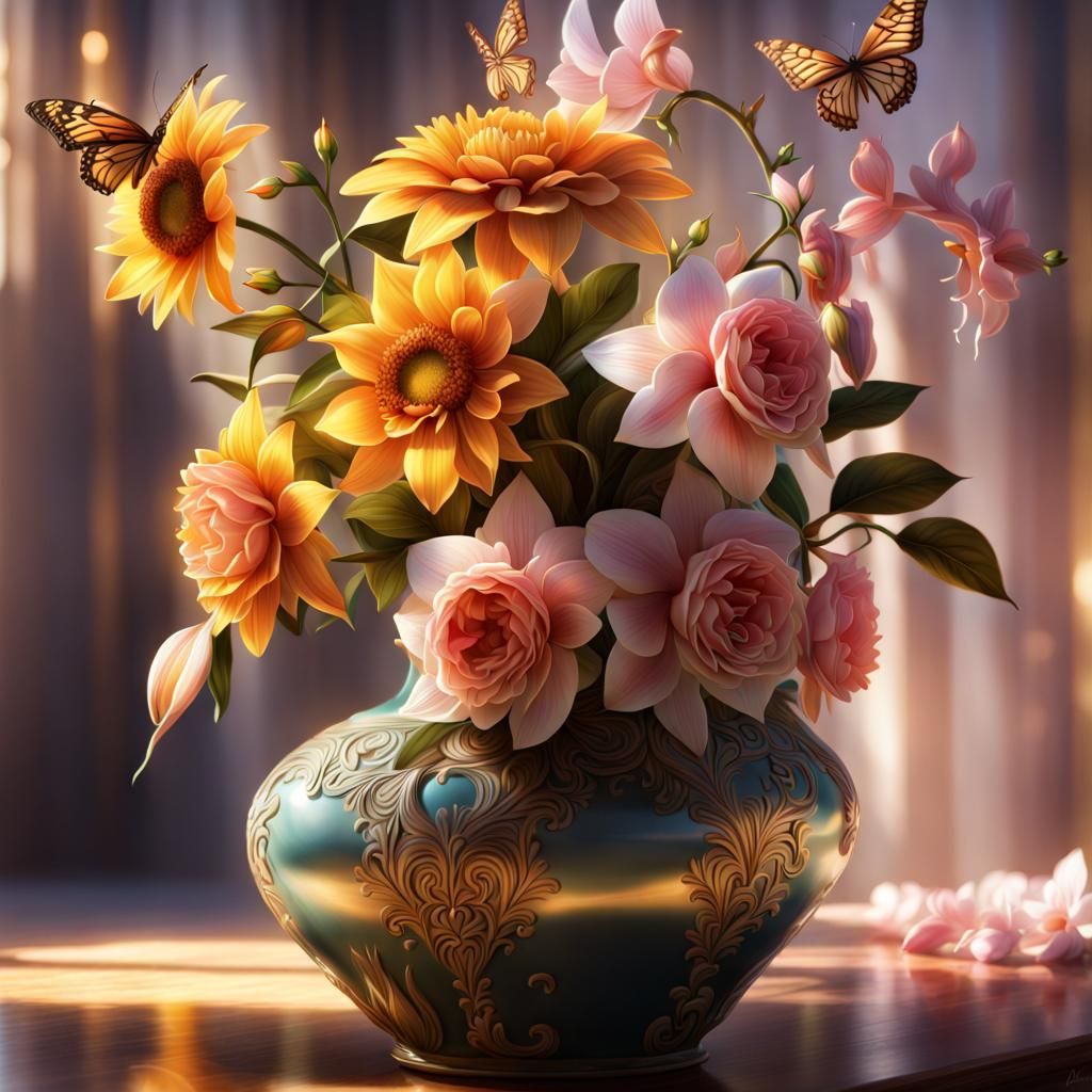 Crete style vase #6 with orchids, camellia and sunflowers