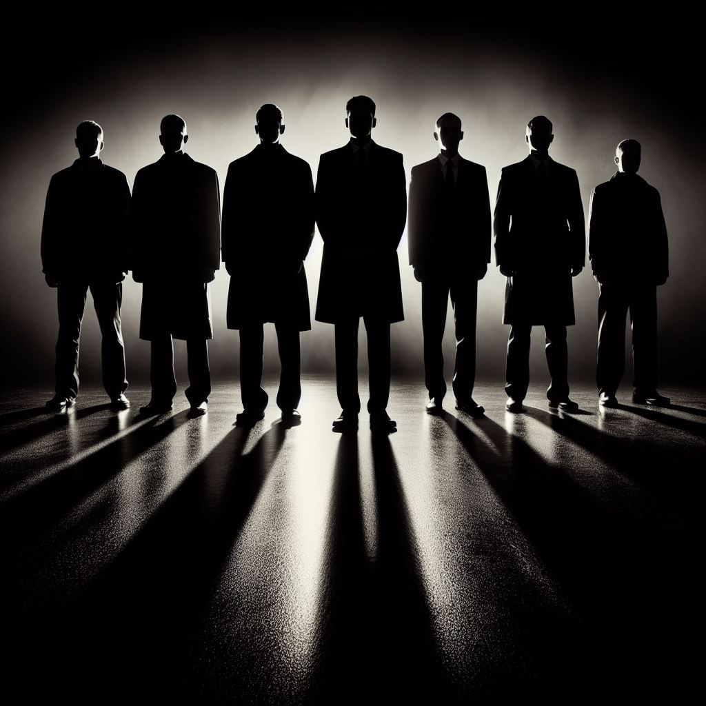 a lineup of shadowy figures facing away