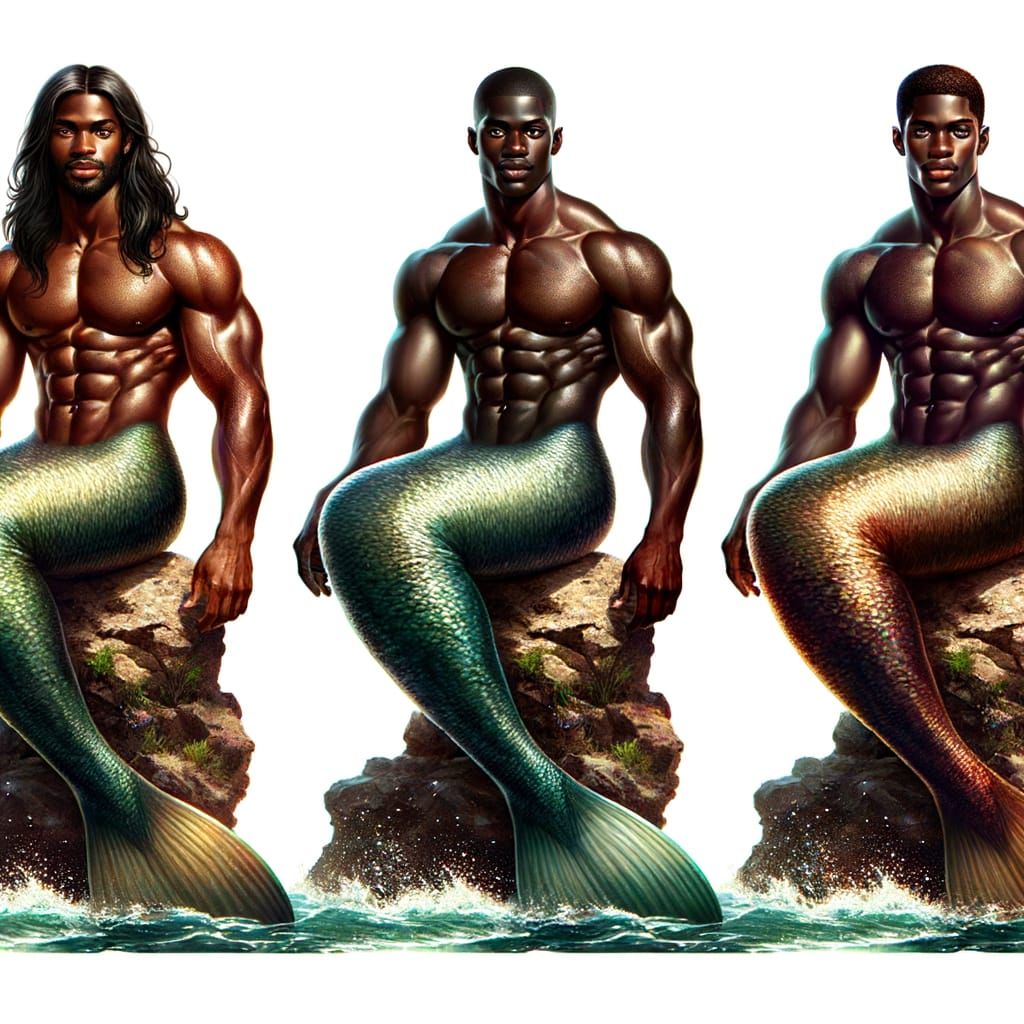 Handsome African Mermaids on Rocky Shore
