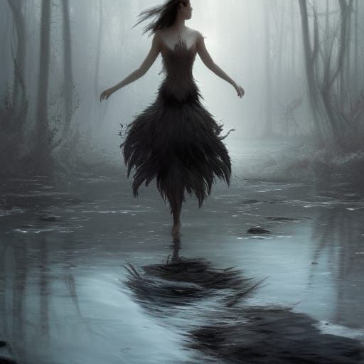 Swan Woman in Feather Dress, Dark Fantasy Concept Art