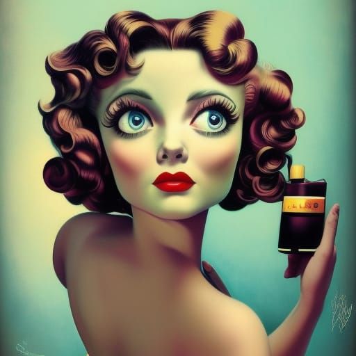 1950's ,realism ,full body woman big eyes and long curly tra...