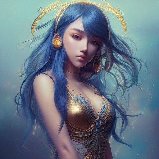 Anime Goddess with Blue Hair Digital Illustration