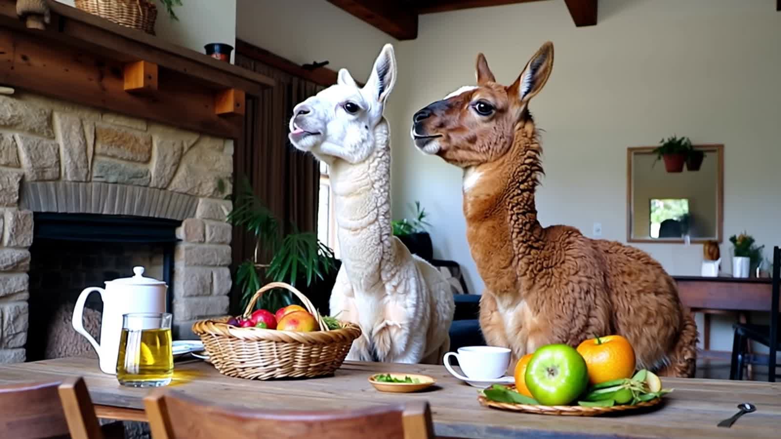 A happy white alpaca and a grumpy brown alpaca eating breakfast at a table
