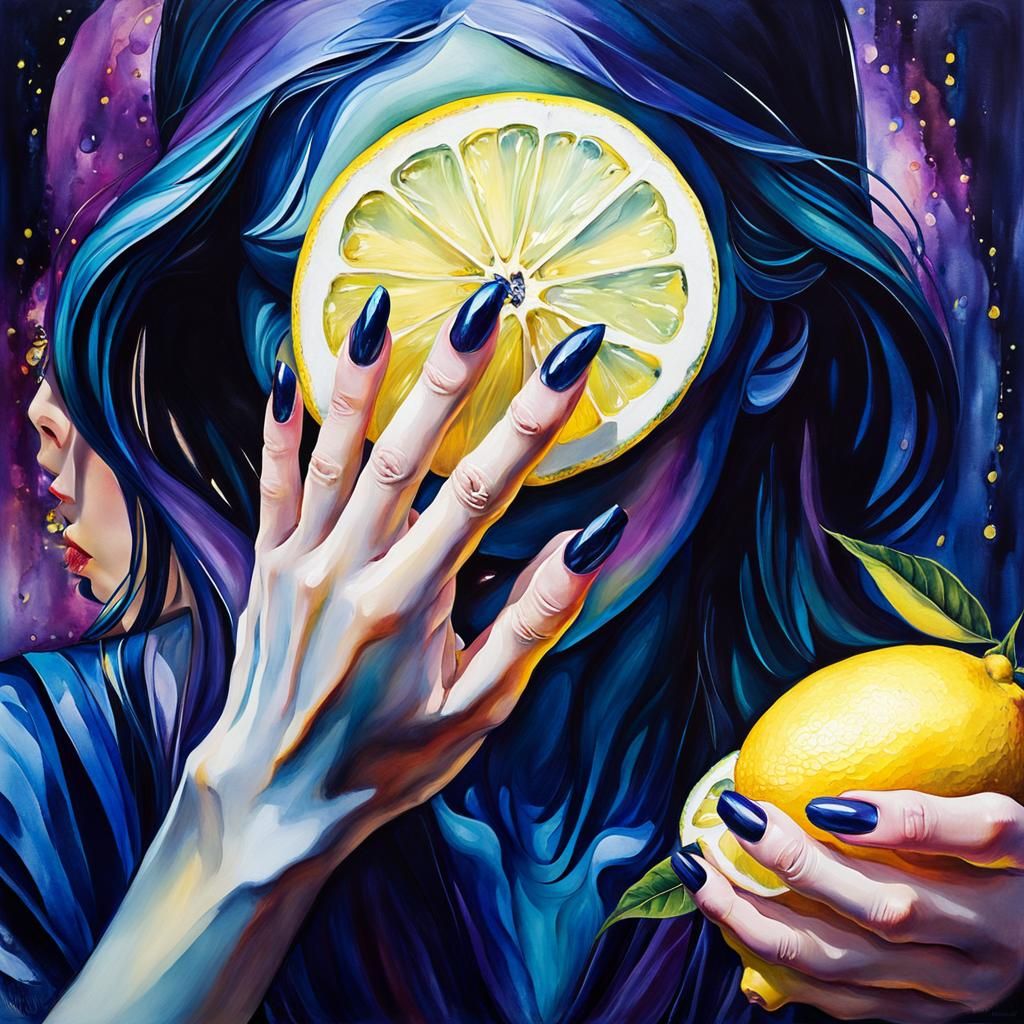 Surreal, Uncanny  Emo Lemonade ,  pour my goth soul a black glass of Emo Lemonade, a  giant female hand with long nails  reaches for  a lemo...