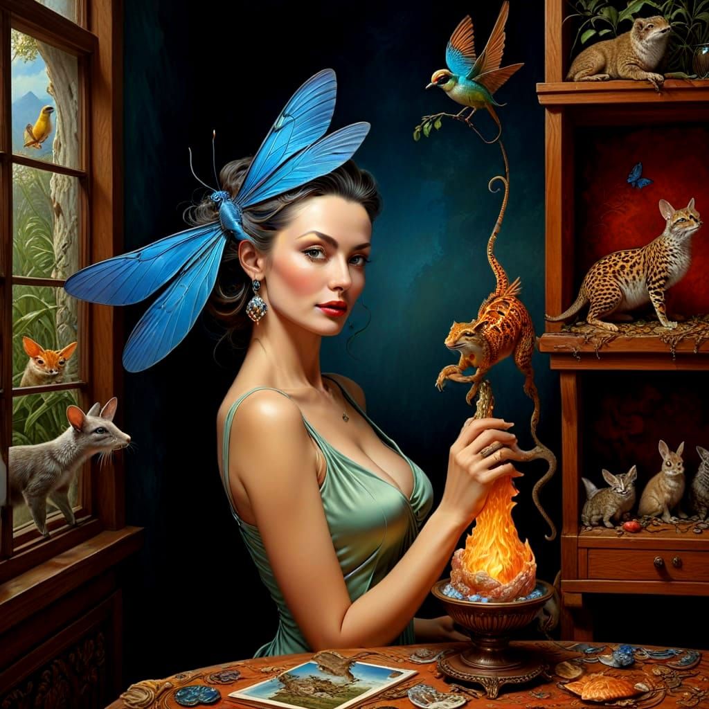 Surrealistic Portrait of a Happy Lady in Whimsical Surroundi...