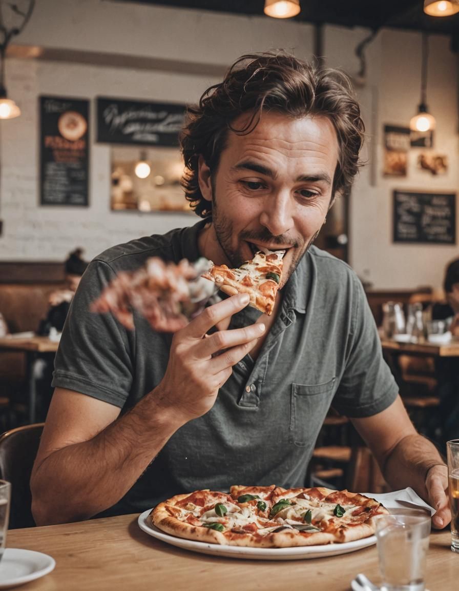 Man eating pizza in a restaurant - AI Generated Artwork - NightCafe Creator