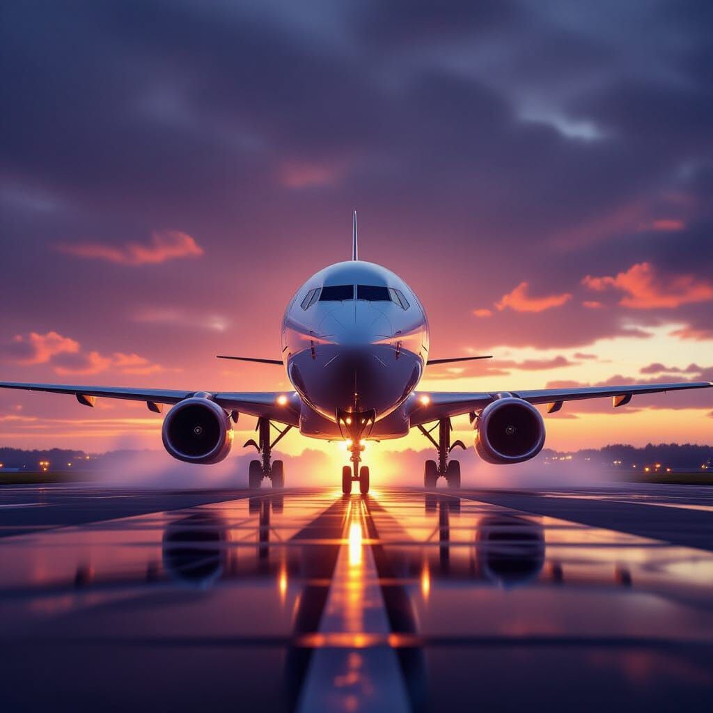 Airplane Ready for Takeoff on Glowing Runway at Sunset