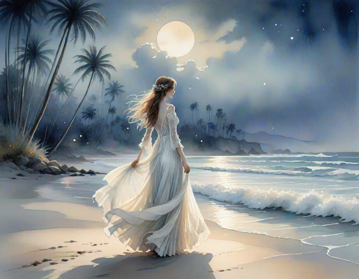 Romantic Watercolor Bride on a Misty Beach at Dusk