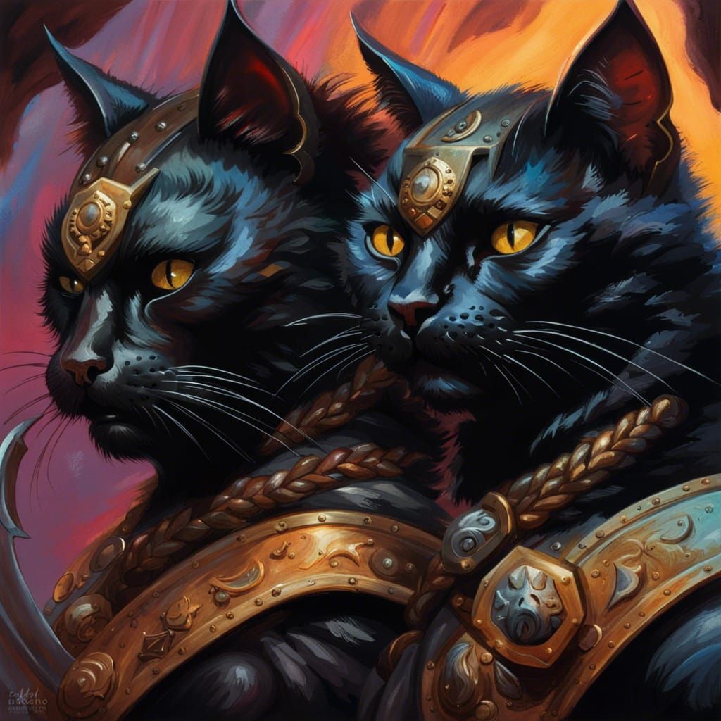 Two black cats as barbarian heroes in the style of Boris Val...