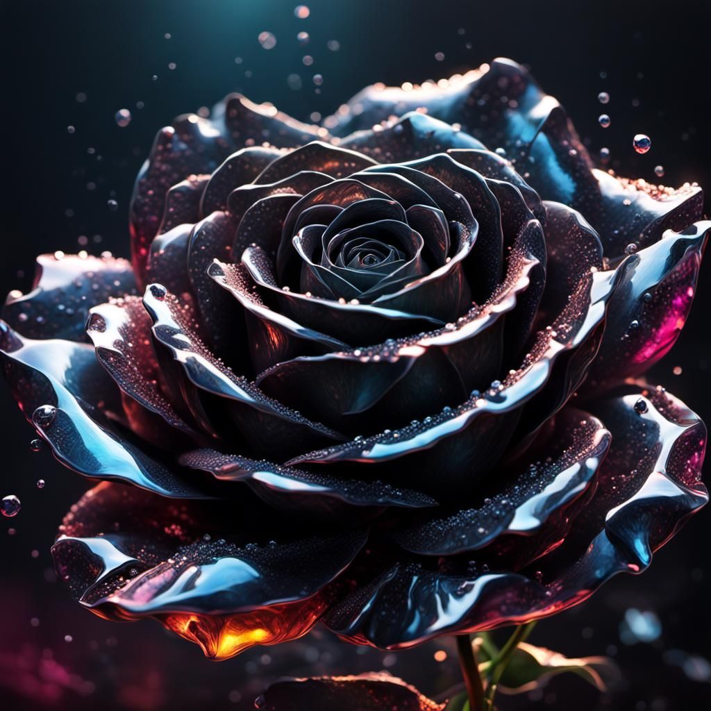 Dramatic Black Crystal Rose in Splash Art Style