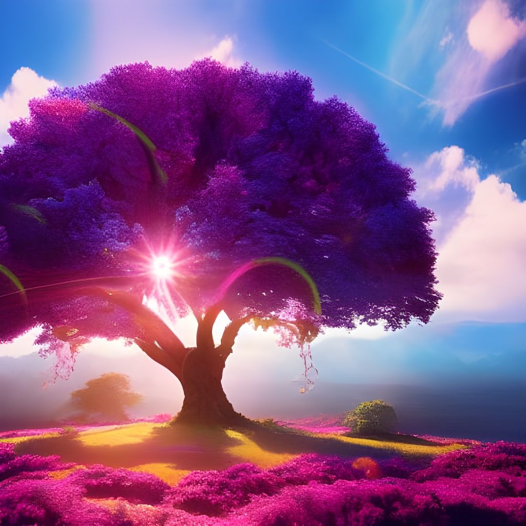 Large Tree of Life in Lush Forest with blue sky, sunshine, p...