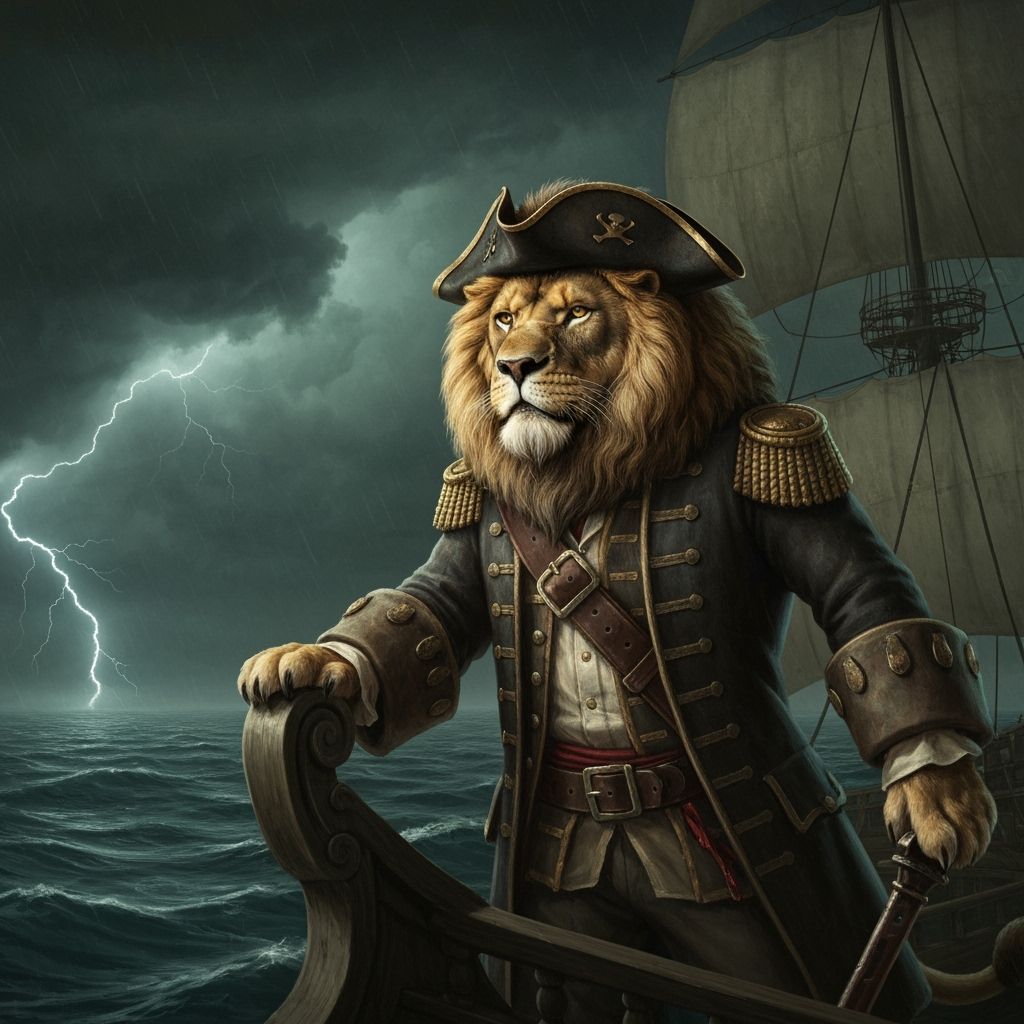 (חיים)picture a majestic lion, clad in a weathered pirate captain's coat and tricorn hat, standing on the bow ...  by @Chaim 