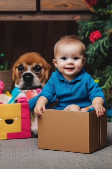 Baby in box + puppy photo bomb 🐶