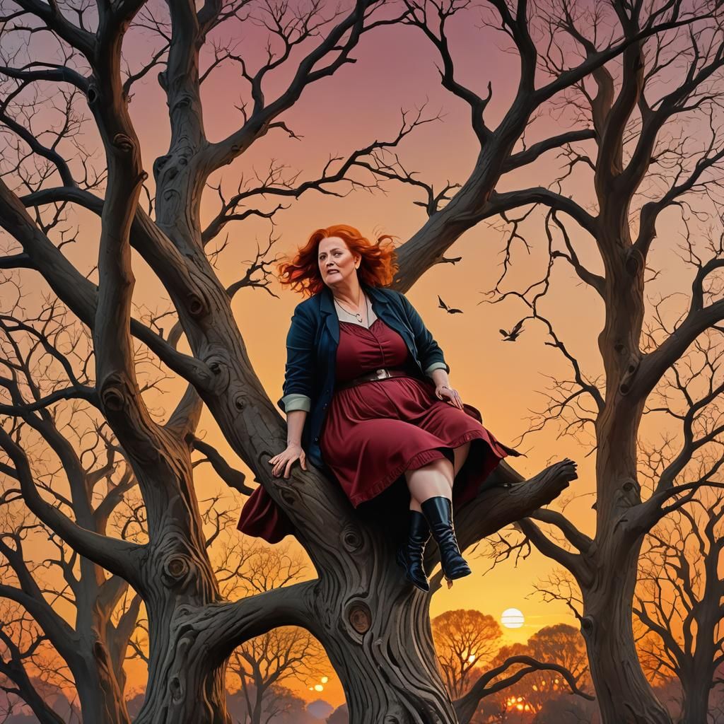 Redhead Lady's Surreal Descent from Tree at Sunset