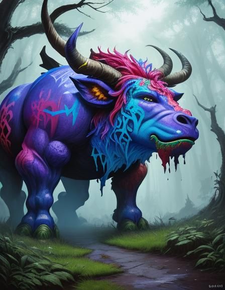 3D fantasy art, anthropomorphic Minotaur in a magical Forest...