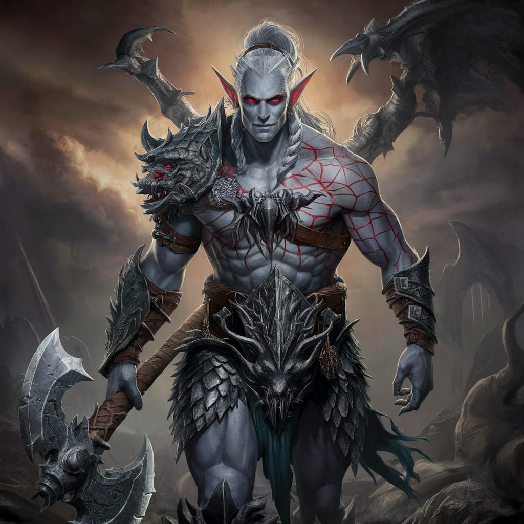 A male drow elf, gray skin, white hair, red eyes, very muscular ...