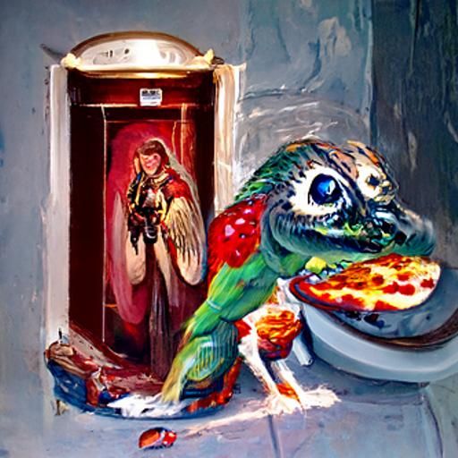 A pizza that is an angel is in a bathroom with a lizard that...
