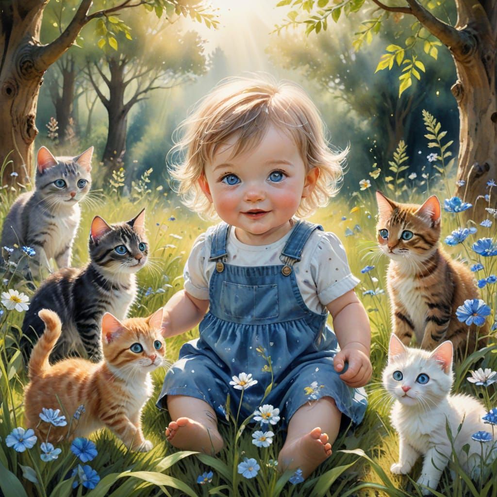 Baby Playing with Cats in Magical Watercolor Style