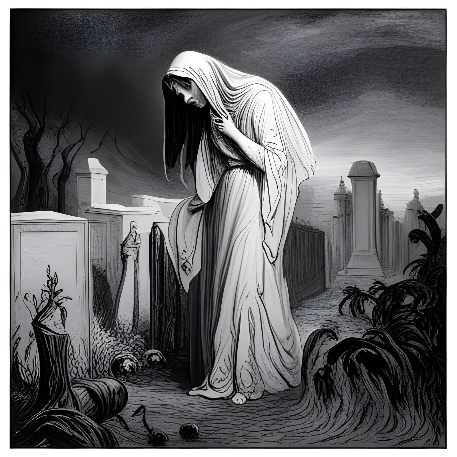 crying lady at graveyard
