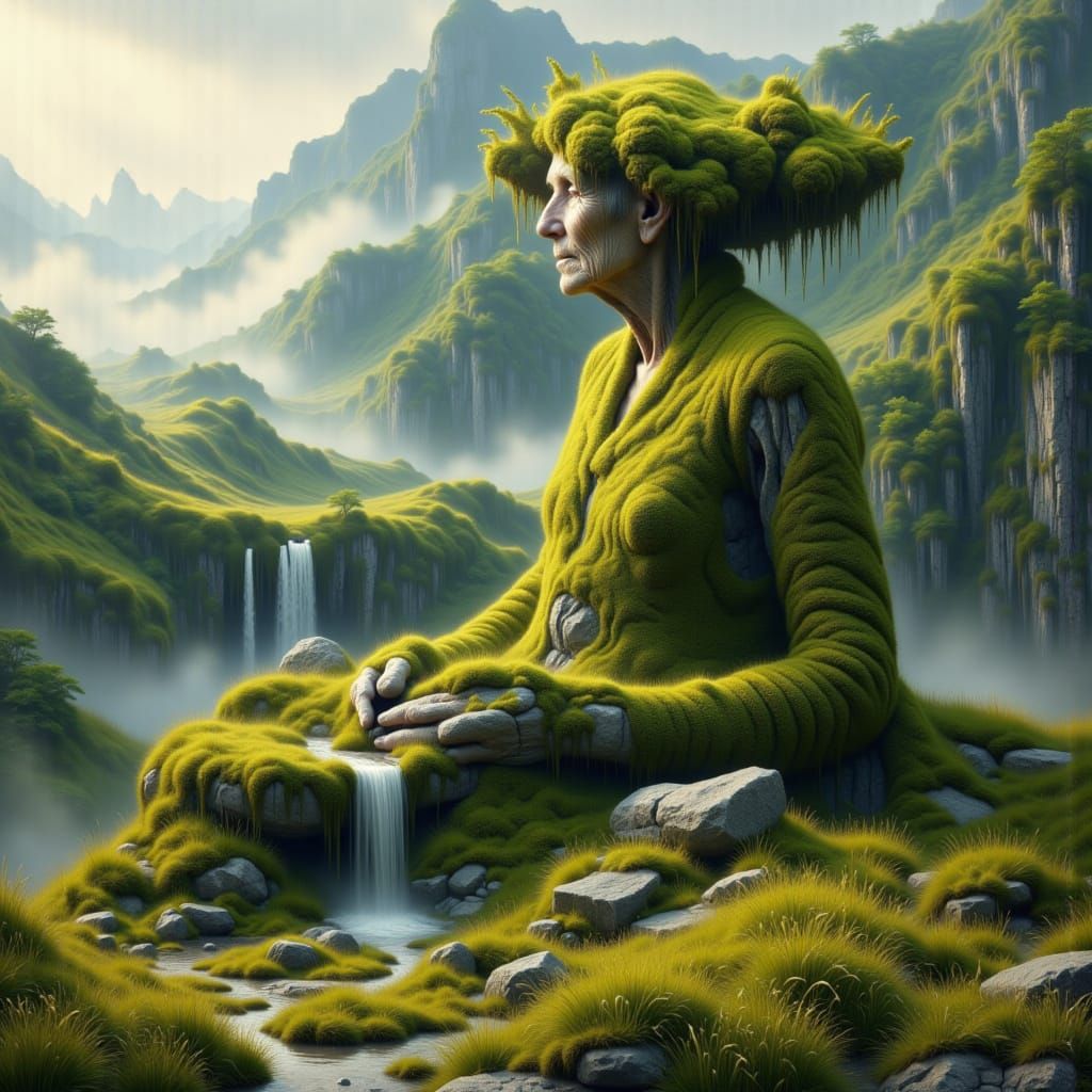 <lora:cryptogam:1.0> Surreal conceptual art of an old woman sitting by a rock, she is the landscape and it shapes her dress, creating curves...