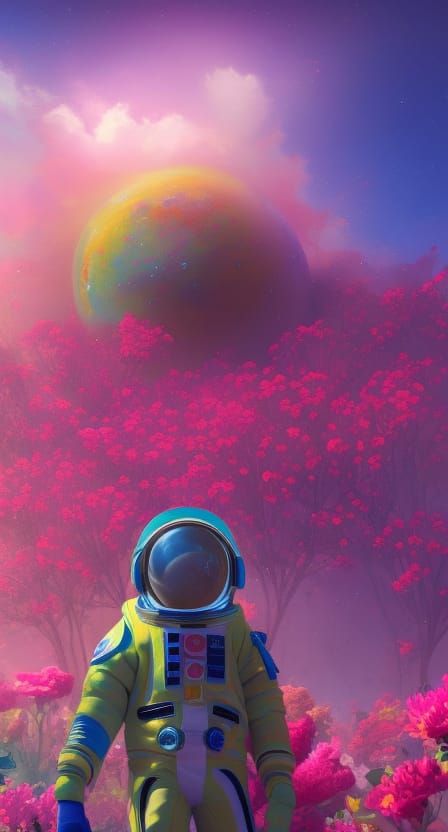 Astronaut, wearing a space suit, on a planet made of flowers...
