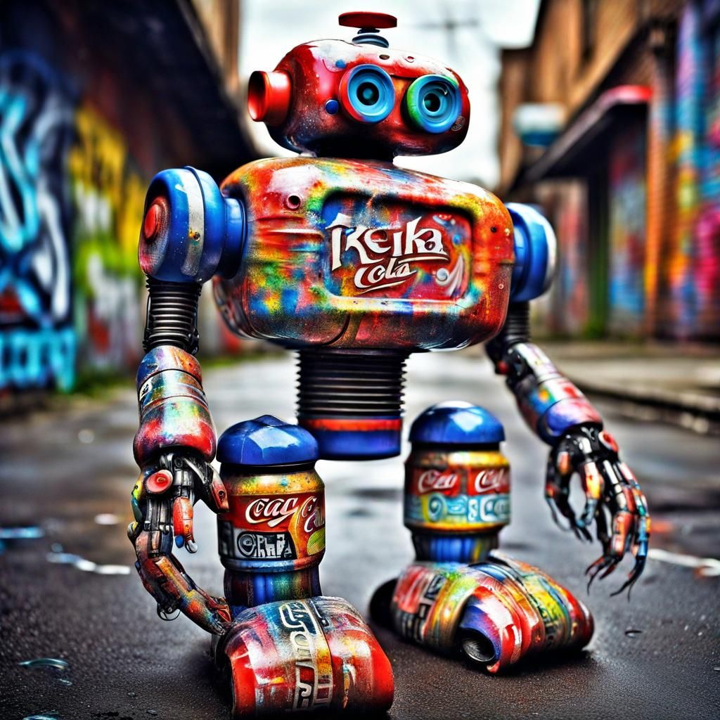 A robot Made From Recycled  plastic cocka cola
 bottles. intricate details, HDR, beautifully graffiti ...  by @Gettafix