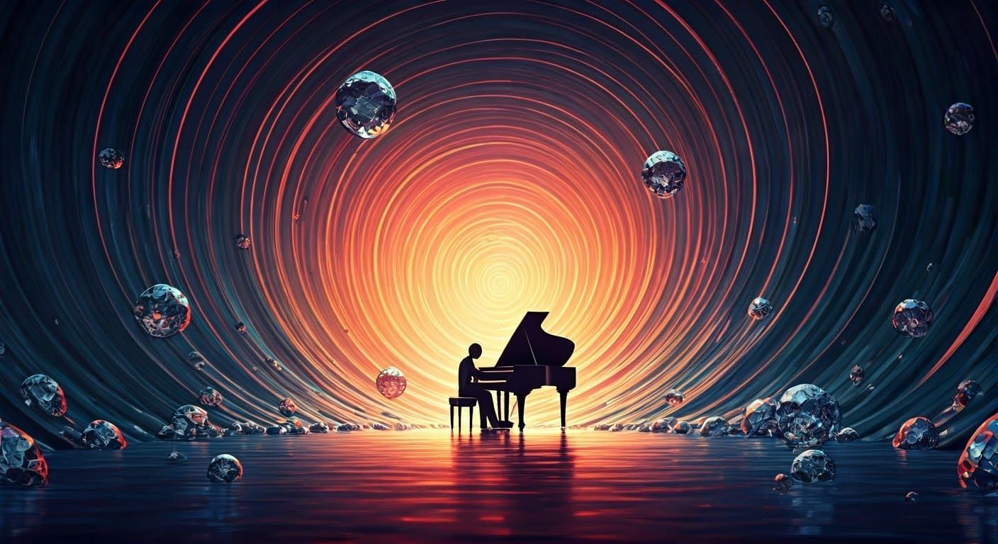 Luminous Piano in Iridescent Cave Dreamscape