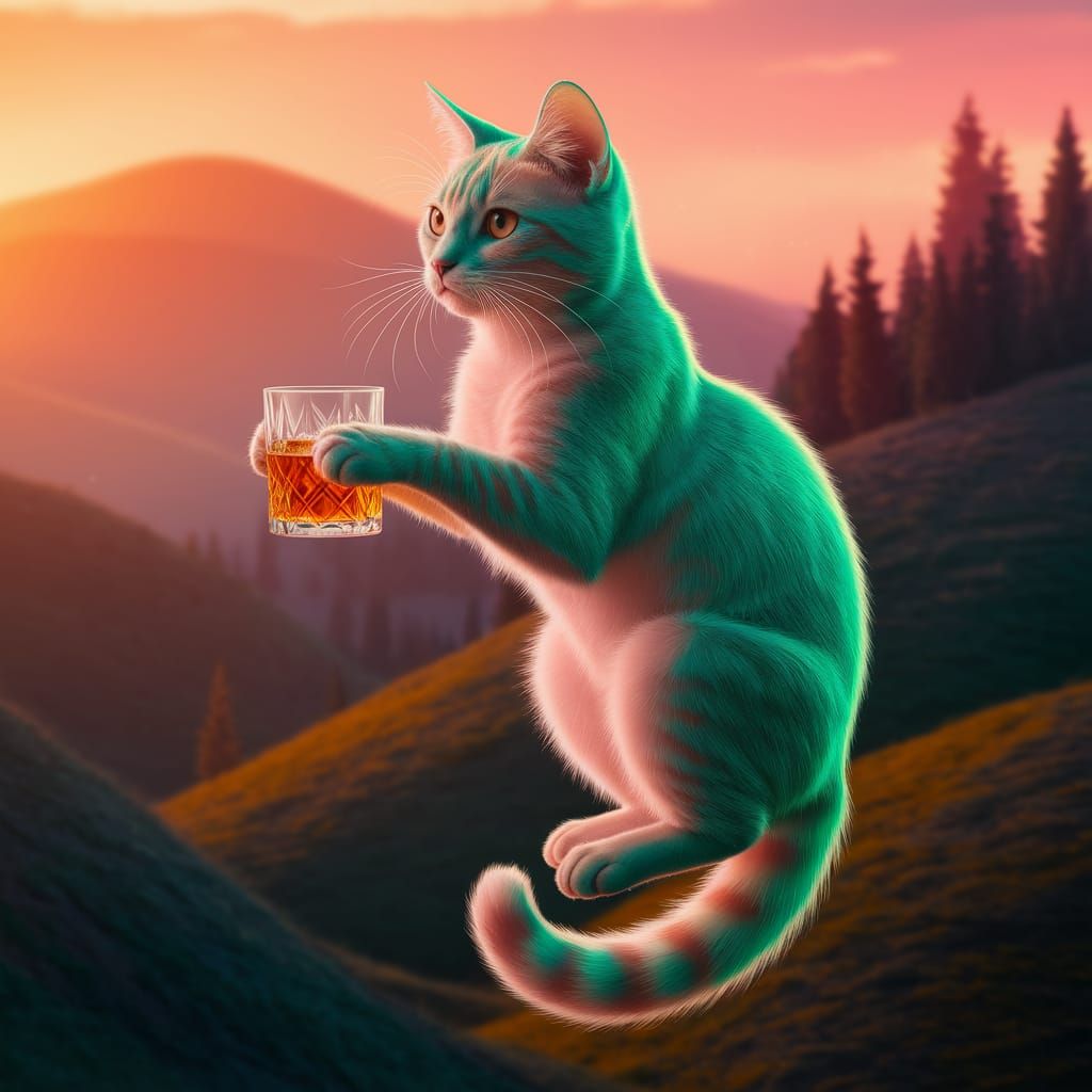 Glowing Green Flying Cat Sips Whiskey in Sunset Glow