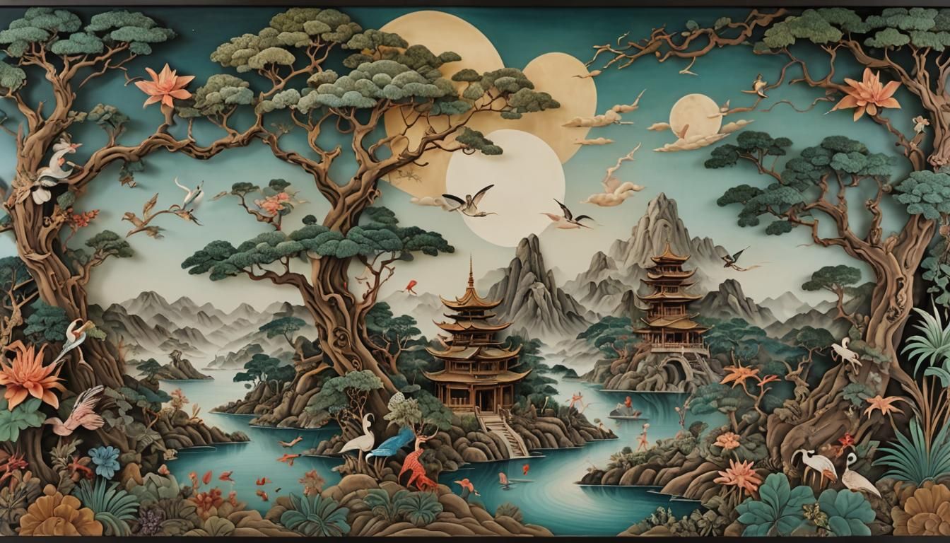 Eclectic Surrealist Fusion Spectrolite Asian Style Panel Dep...