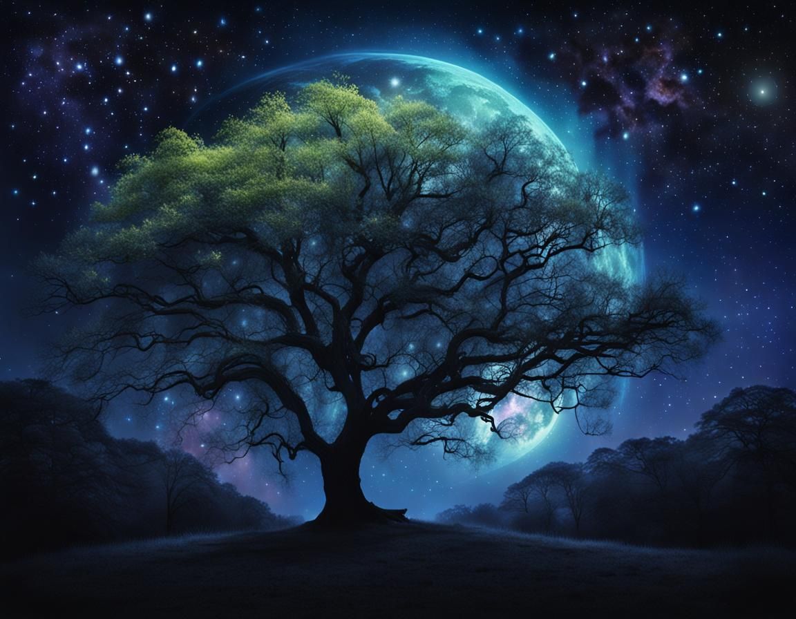 an ethereal image of a tree in the glowing night, radiating darkness under a brightly iridescent moonlit ...  by @jkb4music