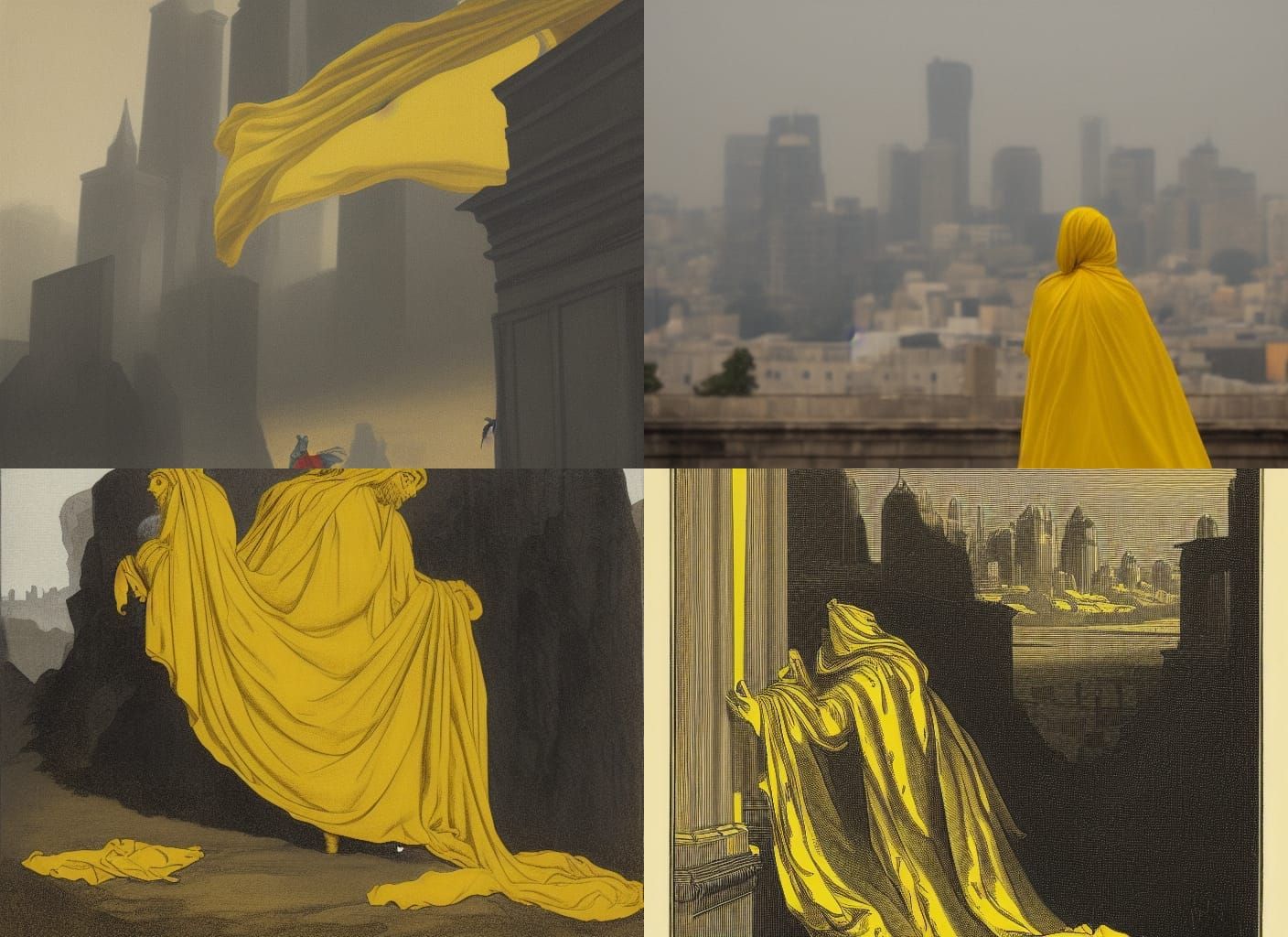 Yellow-draped and veiled king in the foreground with a gray,...