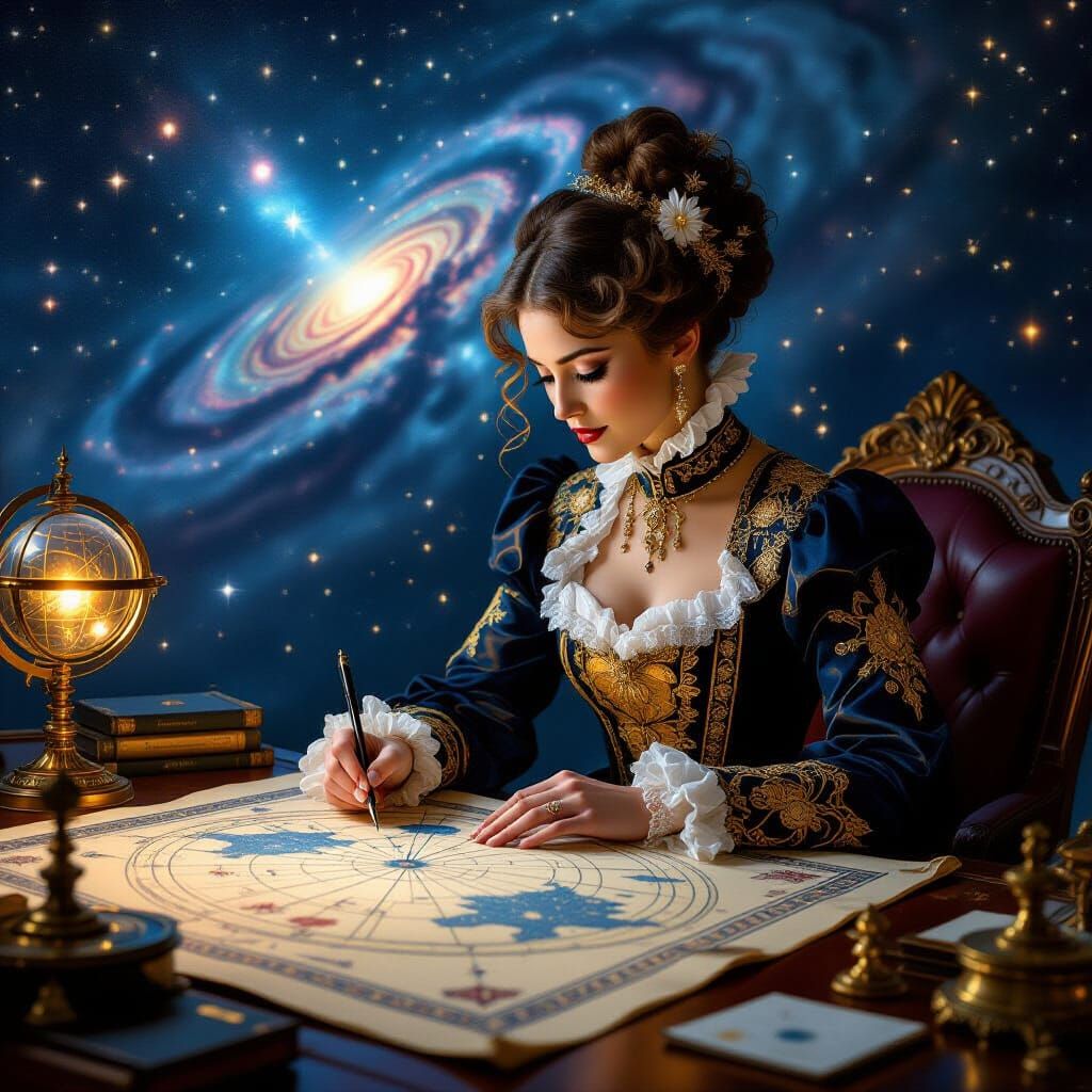 A celestial cartographer meticulously plotting constellations on a vast, shimmering cosmic chart. The ...  by @Cristian